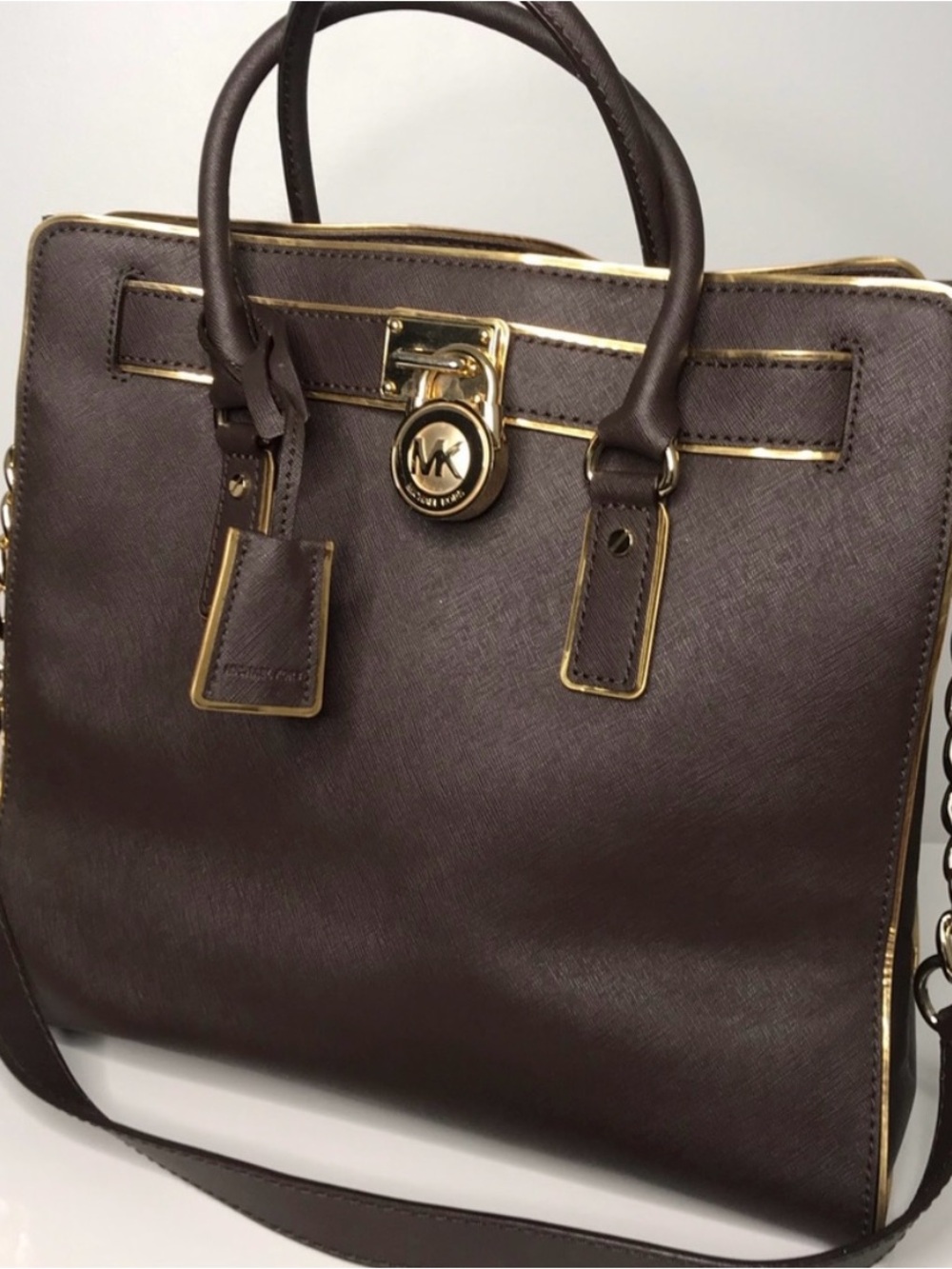 Michael Kors Brown Saffiano Leather Satchel with Gold Hardware